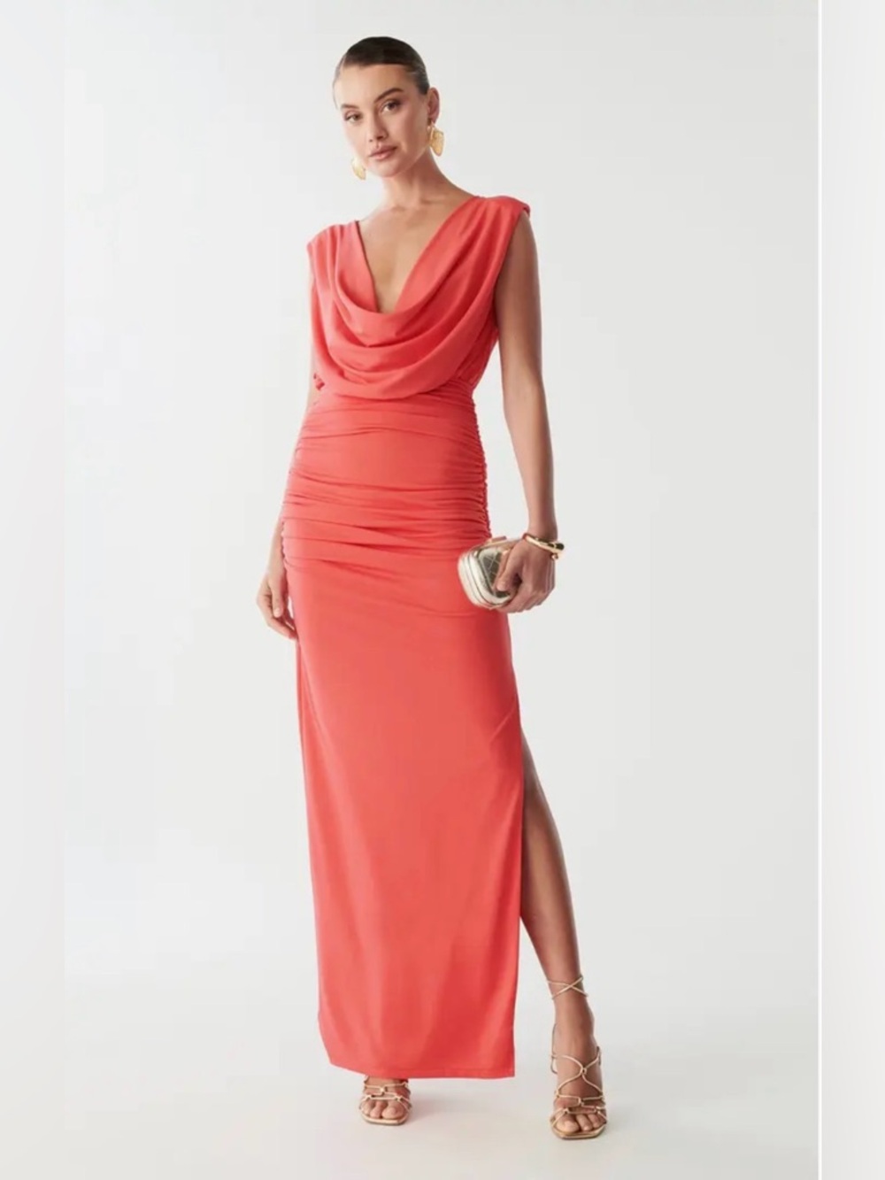 Draped Coral Maxi Dress with Side Slit 
Kyla Maxi Dress